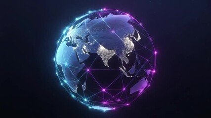 Futuristic globe with glowing connection lines rotating smoothly in dark space - Powered by Adobe
