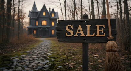 A spooky, old, dark mansion with glowing windows stands on a path leading to a weathered wooden sign that reads sale, with a broomstick leaning against it, set in an eerie, autumnal forest