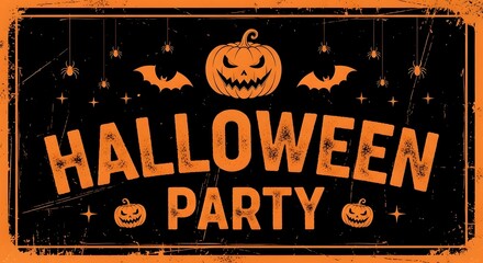 Fototapeta premium Halloween party invitation with spooky pumpkin and bats on a distressed black and orange background, perfect for seasonal events and decorations