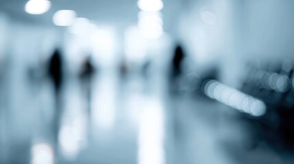 Gentle bokeh effect on a hospital waiting area, people moving in and out, subtle glimpses of medical charts, an overall light blue and silver color palette.