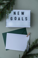 Lightbox with inspirational message NEW GOALS with fir branches on pastel background. Happy new year promises resolutions concept. Copy space envelope mock up sample Self growth and personal