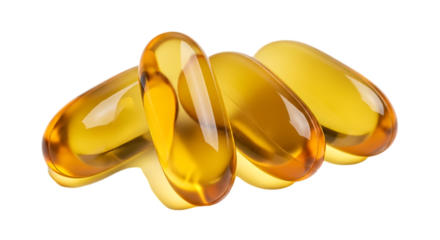 A closeup shot of four translucent yellow gel capsules, likely supplements or medication, isolated on a transparent background
