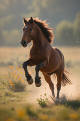 Fototapeta premium A majestic brown horse leaps joyfully into the air, its powerful muscles and flowing mane captured in stunning ultra-realistic detail. The scene unfolds in a radiant sunlit meadow