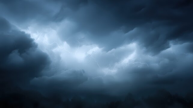 Thunderstorm clouds rolling above haunted forest at night, Halloween horror background