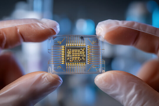 Hand holding transparent microchip in research lab