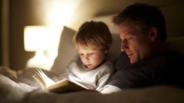 A candid shot of a father and son sharing a quiet moment reading books before bedtime.