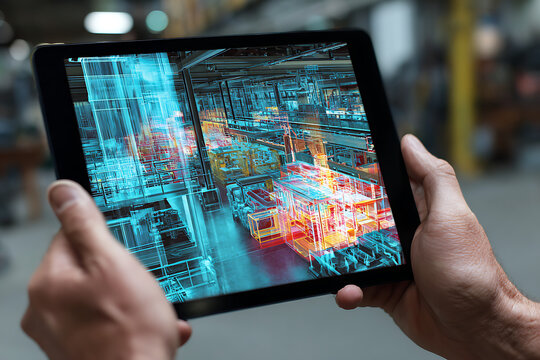Hands holding tablet displaying augmented reality warehouse management