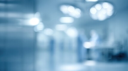 Abstract blur of a hospital operating room with faint outlines of surgical equipment and busy medical personnel, light blue and white sterile tones.