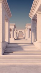 Obraz premium Serene architectural scene featuring white columns and steps leading to an arched entrance at dusk