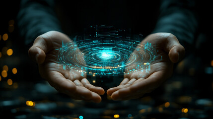 Holographic data projections hovering over a businessman’s hands symbolizing control insight and digital innovation representing futuristic technology visualization and mastery of information