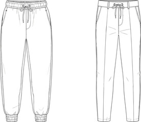 Technical fashion flat sketch, casual jogger pants and slim fit trousers front view, detailed CAD drawing, vector fashion illustration