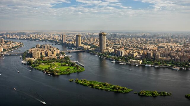 Aerial view of cairo city with nile river and buildings under cloudy sky