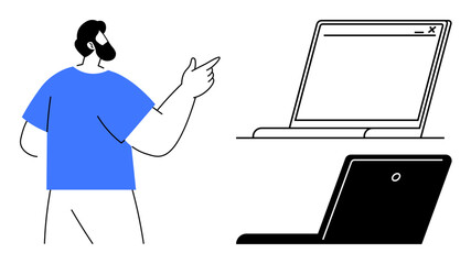Bearded man gesturing toward an open laptop screen, engaging in explanation or presentation. Ideal for learning, communication, technology, business, webinars, teamwork consulting. Simple flat