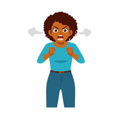Angry African American Woman Shouting with Fists Raised and Steam Coming from Ears in Cartoon Style