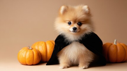 Obraz premium Cute Pomeranian puppy in spooky Dracula costume, sitting among seasonal pumpkins and autumn leaves on warm beige background, Halloween theme