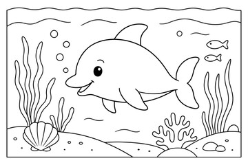 Coloring page of cute dolphin for kids coloring book