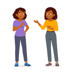 Two African American Women Talking and Gesturing with Friendly Expressions in Full Shot