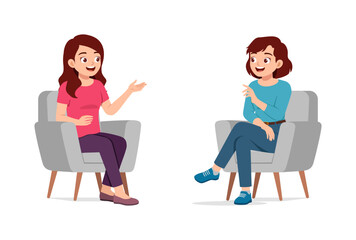 Two Young Women Chatting Face to Face Sitting in Chairs in a Friendly Meeting