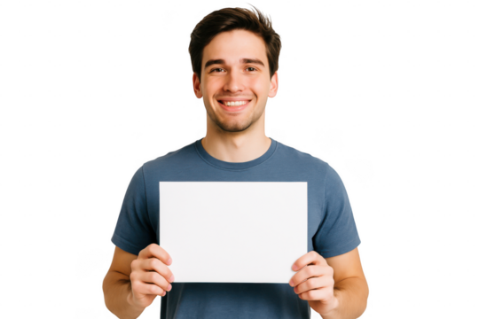 Smiling man holding blank sign isolated on transparent background