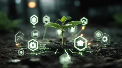 Green seedling surrounded by technology icons and glowing data lines, sustainable tech concept. - Powered by Adobe