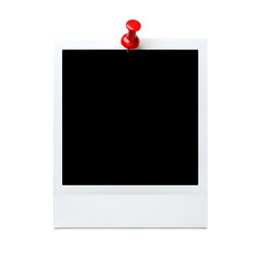 Empty retro photo frame pinned with red pushpin isolated object. Isolated on transparent background, png