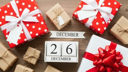Gift boxes and a calendar showing december 26th on a wooden surface