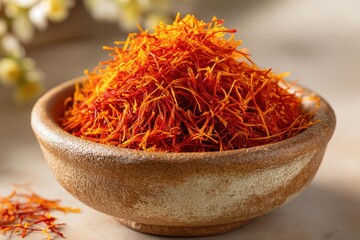 Fototapeta premium Bowl of vibrant orange saffron threads on display
