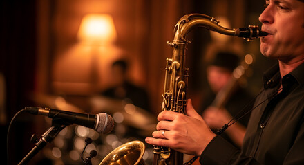 Close-up of a musician playing the saxophone in a dimly lit venue with soft bokeh background lighting