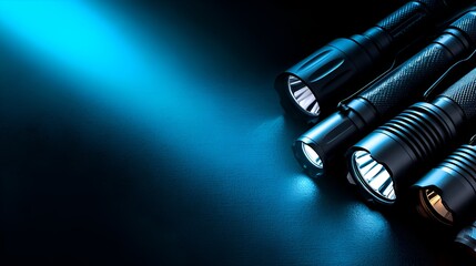 A collection of sleek, modern flashlights casting beams of light on a dark surface, ideal for outdoor adventures