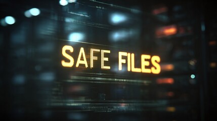Obraz premium Close-up of illuminated text 'SAFE FILES' representing secure data storage and protection.