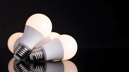 A group of energy-efficient LED light bulbs arranged artistically on a reflective surface, showcasing modern design