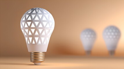 Modern LED light bulb design with geometric patterns, set against a soft gradient background, showcasing innovation