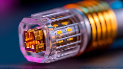 Close-up of a high-tech vape device showcasing intricate design and vibrant colors against a blurred background