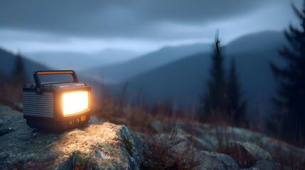 A vintage lantern illuminates a rocky landscape at dusk, surrounded by misty mountains and pine trees