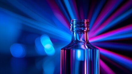 A vibrant glass bottle illuminated by colorful beams of light, creating a stunning visual effect