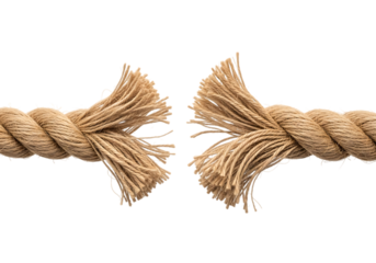 Torn rope with frayed ends symbolizing breaking point or failure close up. Isolated on transparent background, png
