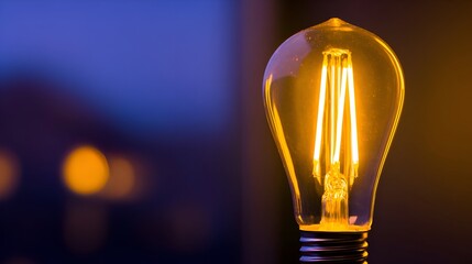 Vintage light bulb glowing warmly against a blurred background, creating a cozy ambiance in a room