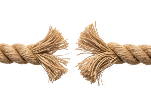 Torn rope with frayed ends symbolizing breaking point or failure close up. Isolated on transparent background, png