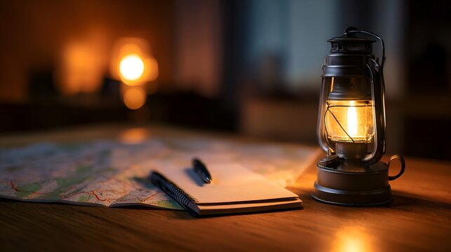 A cozy evening scene featuring a glowing lantern on a wooden table with a map and pen, perfect for planning adventures