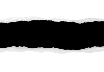 Realistic torn paper edges overlay texture with rough fibers on black. Isolated on transparent background, png