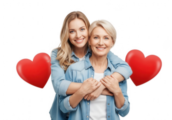 A daughter hugs her mother isolated on transparent background
