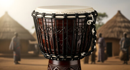 A Djembe Drum with Village Scene Rhythm and Culture