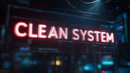 Illuminated sign reading 'Clean System', conveying a sense of modern technology and clarity.