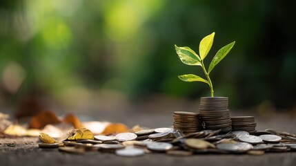 A single green sprout emerging from coins, eco-investment and sustainable finance concept.