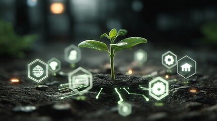 Green seedling surrounded by technology icons and glowing data lines, sustainable tech concept.