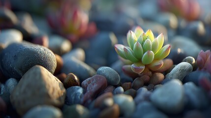 Tiny succulent sprouting from pebbles, concept of life in harsh environments, macro detail.