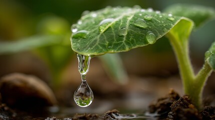 Water droplet falling onto a seedling leaf, macro photography style, freshness and growth theme.