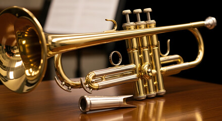 Golden brass trumpet with detached mouthpiece resting on a wooden surface, music stand in background