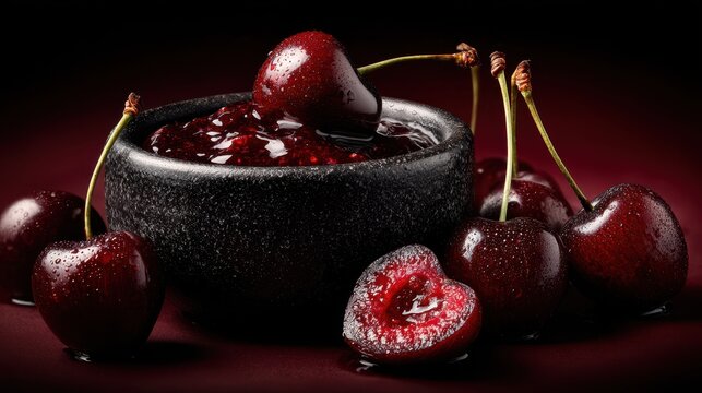 Fresh cherries and cherry compote in a black bowl