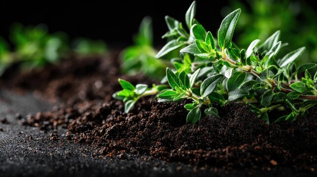 Fresh thyme sprigs growing in rich dark soil in detail